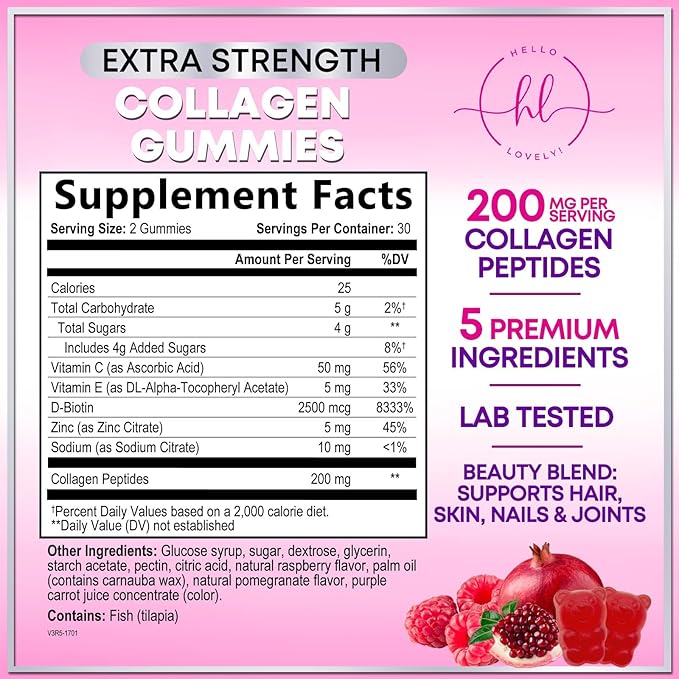 Collagen Peptides Gummies - 2500 mcg D-Biotin Per Serving - Hydrolyzed Protein Type I & III Multi Collagen Supplement with Vitamin C & Zinc - Support for Hair, Skin, Nails, Berry Flavor - 60 Gummies