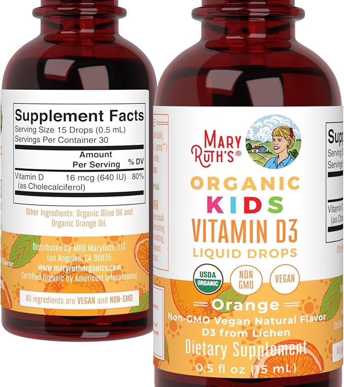 MARYRUTH'S USDA Organic Vitamin D3 Liquid Drops for Kids | 640 IU Vitamin D3 Per Serving | Kids Immune Support & Bone Health Supplement | Formulated for Ages 4-13 | 0.5oz | 30 Servings