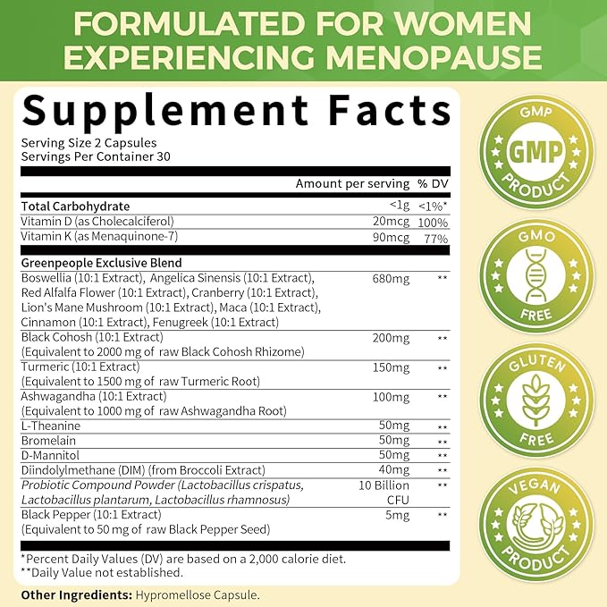 GREENPEOPLE Menopause Supplements for Women - Black Cohosh & Ashwagandha for Hot Flashes, Night Sweats, Mood Swings, Hormonal Balance Support,10 Billion CFU Probiotic - 90 Capsules Vegan Gluten-Free