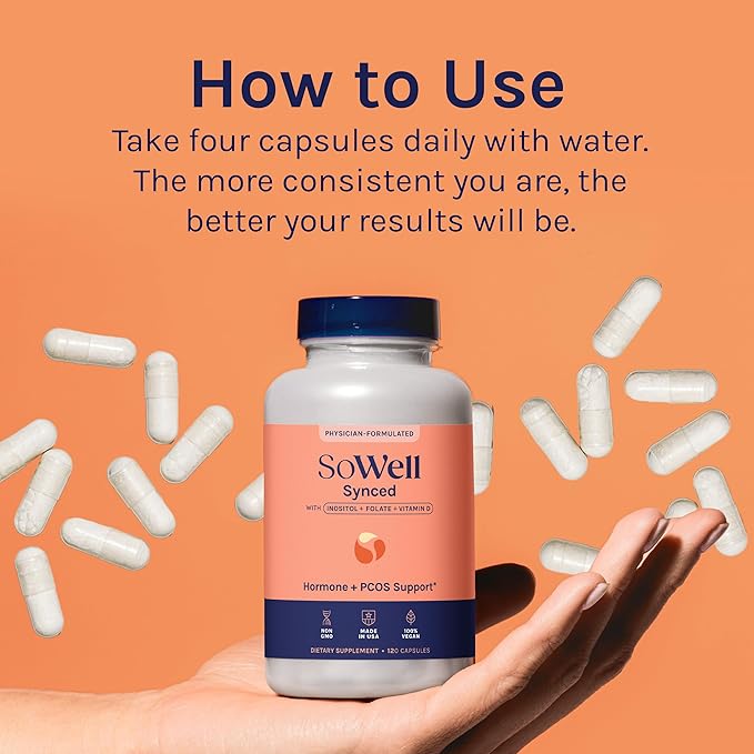 SoWell Synced Women’s Hormone Balance Supplement with Inositol, Vitamin D, and Folate for PCOS & Menstrual Cycle Support, 120 Capsules