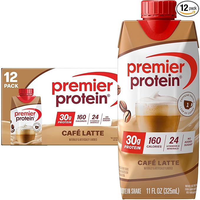 Premier Protein Shake, Café Latte with Caffeine for Energy – 30g Protein, No Added Sugar, 24 Vitamins & Minerals to Support Immune Health, 11 fl oz, 12 Pack