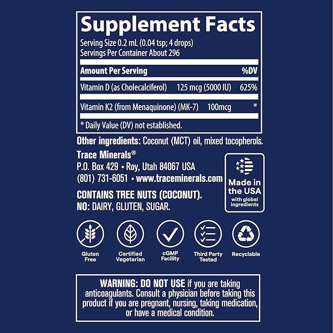 Trace Minerals | Liquid Ionic Vitamin D3 + K2 | 125 mcg (5,000 IU) D3, 100 mcg K2 | Concentrated Dietary Supplement | 2 fl oz. 296 Servings