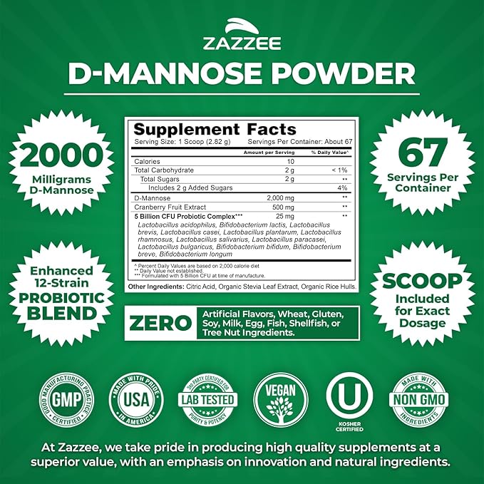 Zazzee D-Mannose Powder Plus, 2000 mg, 67 Servings, Plus 5 Billion CFU Probiotics and Pure Cranberry Juice Extract, Certified Kosher, Free Scoop, 6.67 oz, Urinary Tract Support, Non-GMO, All-Natural