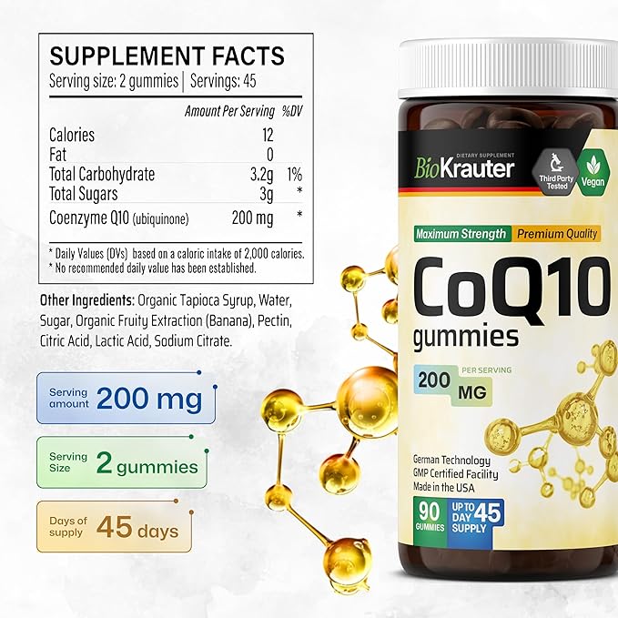 BIO KRAUTER® CoQ10 200mg for Energy Production - Coenzyme Q10 for Antioxidant & Daily Wellness - Vegan 90 CoQ10 Gummies, 45-Day Supply - Non-GMO, Banana Flavor