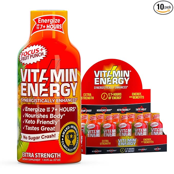 Vitamin Energy Focus+ Extra Strength Energy Shot Fruit Punch 10 Pack, 260mg Natural Caffeine, B-Vitamins, CoQ10, Amino Acids, Focus, Productivity & Clarity, Zero Sugar, Gluten-Free, 1.93 fl oz