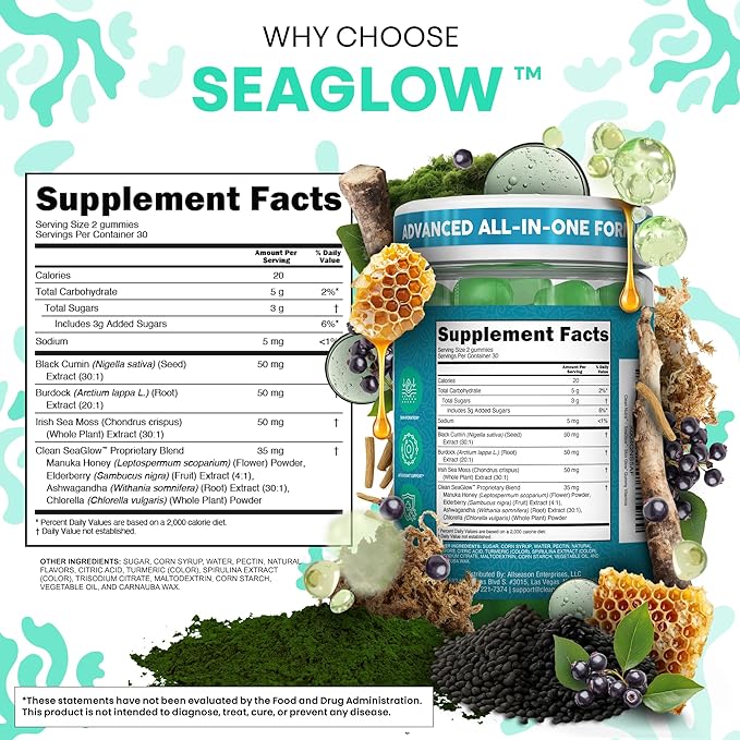 Clean Nutra Sea Moss Gummies Black Seed Oil Chlorella Ashwagandha Root Hair Growth Skin Glow Irish Sea Moss Elderberry Burdock Manuka Honey Trace Minerals Detox 60 Gummy Vitamins Sea Glow Supplement