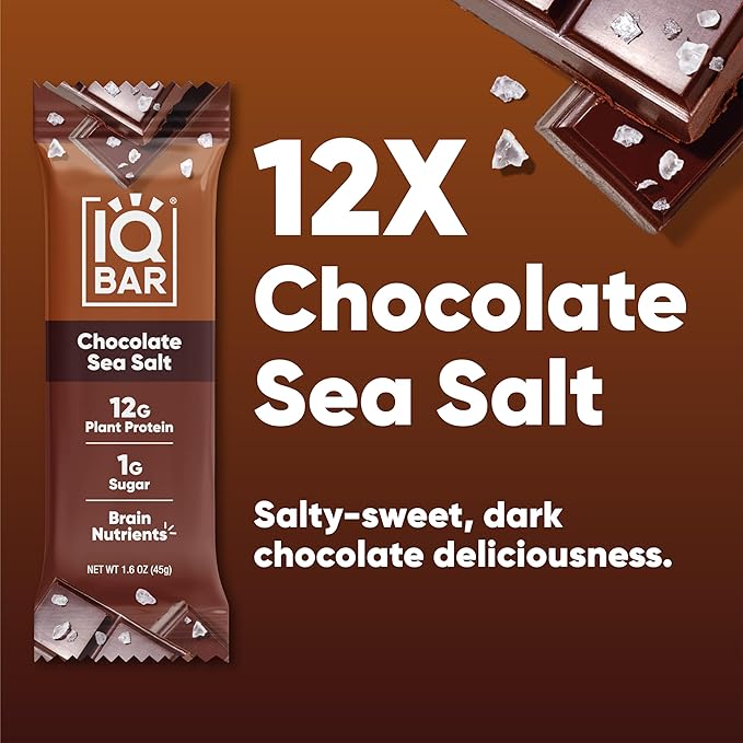 IQBAR Clean Plant Protein Bars - Chocolate Sea Salt - 12 Count - Keto, Vegan, High Fiber, Gluten and Dairy Free, Low Sugar Snack - Brain and Body Nutrients for Focus, Energy, Meal Replacement