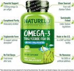 NATURELO Burpless Omega 3 Fish Oil Supplement - 1100mg Triglyceride Omega-3, EPA + DHA, Liquid Fish Oil for Heart, Eye, Brain, Joint Health - 60 Softgels, 2 Months Supply
