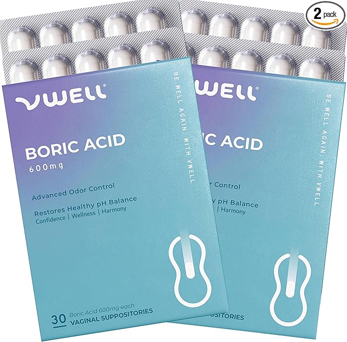 VWELL Boric Acid Vaginal Suppositories - Homeopathic Solution Maintains and Balances Healthy Vaginal pH & Microbiome Intimacy - Doctors Recommended (One Size, 60, Count)