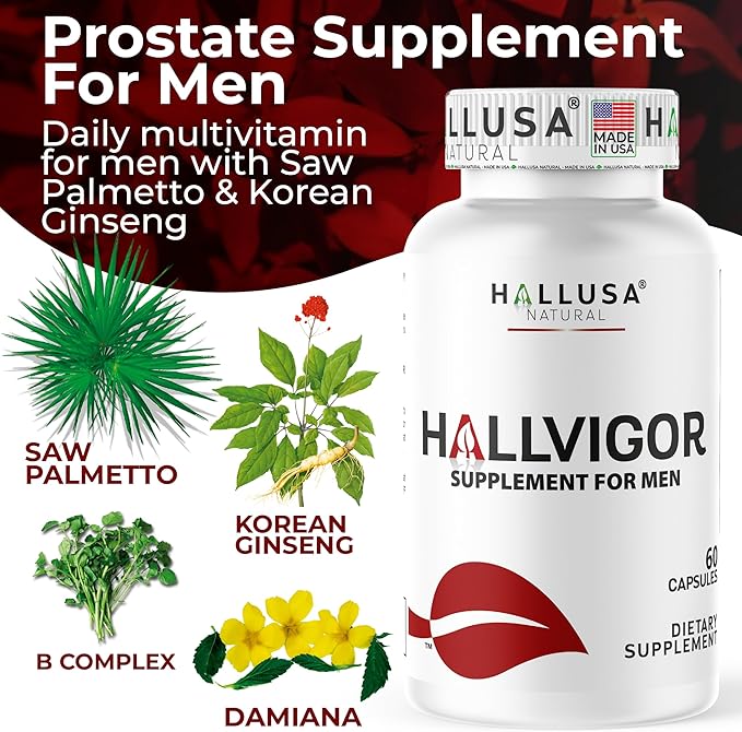 "N/A" HALLVIGOR Men’s Daily Multivitamin – Korean Ginseng, Damiana, Saw Palmetto, Biotin, B Complex, Zinc, Royal Jelly – 60 Capsules – Hallusa Natural