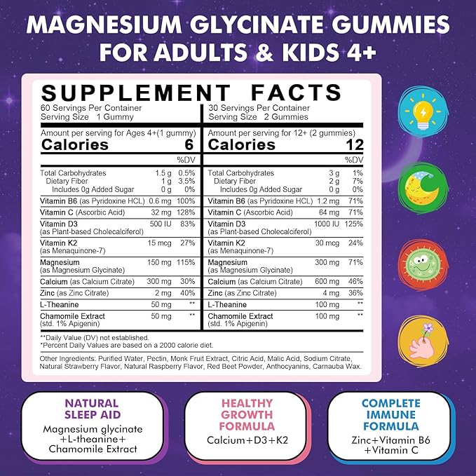 Magnesium Glycinate Gummies for Kids 4+ & Adults- Melatonin Free Sleep Aid, Magnesium Glycinate 150/300 mg Supplements for Calm & Relaxation Support, Sugar Free Strawberry Flavor, 120 Ct