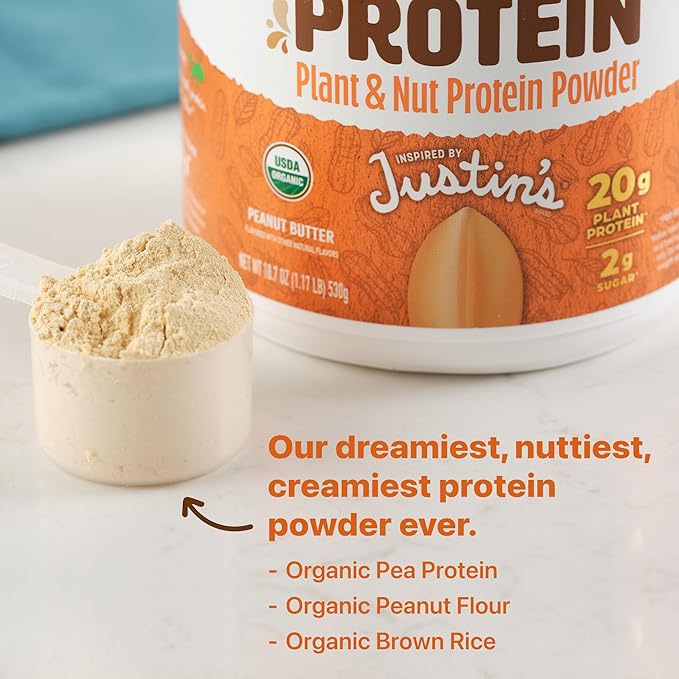 Orgain X Justin's ® Organic Vegan Nut Butter Protein Powder, Peanut Butter- 20g Plant Protein, 2g Sugar, Gluten Free, No Dairy, Soy Ingredients, or Artificial Flavors, 1.17 lb