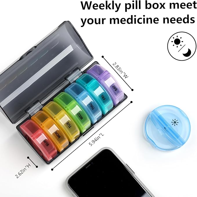 Sukuos Large Weekly Pill Organizer 2 Times a Day, Daily Pill Box 7 Day Easy to Open with Double Protection, AM PM Pill Case for Medicine/Vitamin/Fish Oil/Supplements (Clear)