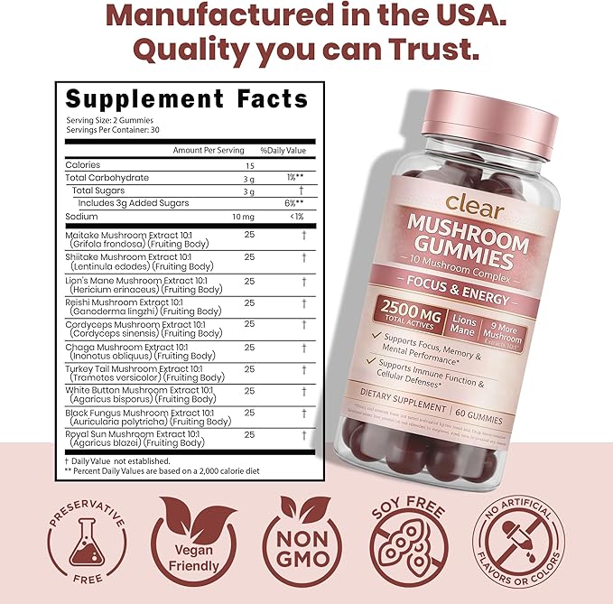 Clear Mushroom Gummies, Lions Mane, Reishi, Cordyceps, Chaga 10:1 Extract (Raspberry Flavor) - 2500mg 10 Mushroom Focus Gummies for Brain Health, Memory, Calm Energy, 3rd Party Tested