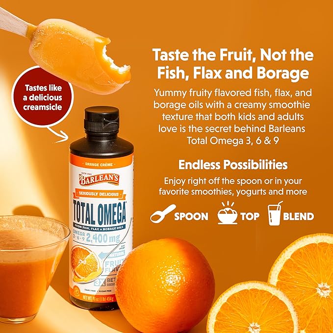 Barlean's Total Omega 3 6 9 Orange Crème Liquid Fish Oil Supplement with Borage and Flaxseed Oil, 2,400 mg of Omegas EPA and DHA Plus GLA for Joint and Heart Health, 8 oz