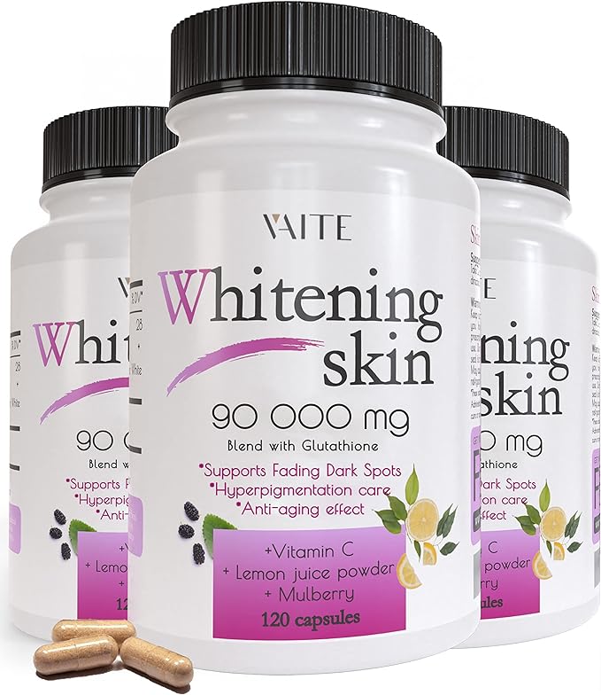 VAITE Glutathione Whitening Pills - Dark Spots & Acne Scar Remover - 90000mg - Vegan Skin Bleaching Pills with Anti-Aging & Antioxidant Effect - 120 Capsules (3 Pack)
