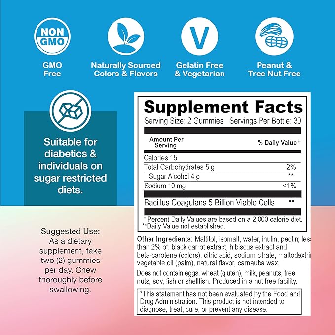 YUM-V'S Sugar Free Probiotic Gummies - Probiotics for Men & Women to Help Support Digestive Function – Adults & Kids Probiotic with 5 Billion CFU Bacillus Coagulans – Vegan & Gluten-Free (60 Count)