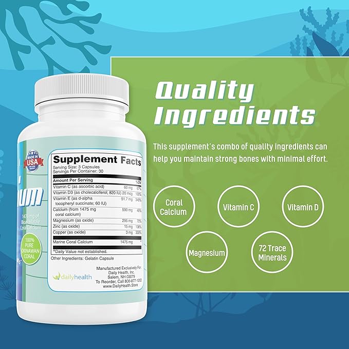 Daily Health, Coral Calcium Pure Okinawa - Marine-Grade Supplement with 72 Trace Minerals - 1475mg, 90 Vegetable Capsules (1 Month Supply)