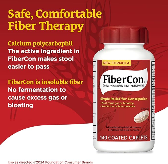 FiberCon Fiber Therapy Coated Caplets, Safe, Simple & Comfortable Insoluble Fiber Product for Bowel Irregularity, Occasional Constipation Relief With No Gas or Bloating, 140 Caplets