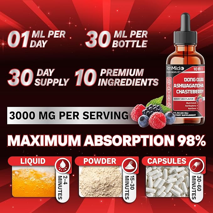10in1 Liquid Dong Quai Supplement for Women with Ashwagandha, Chasteberry, Black Cohosh, Red Clover, Magnolia, Red Raspberry, Hops Flower, Lemon Balm, and Ginger - 30ml 1 Fl Oz