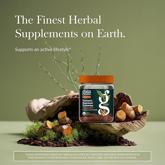 Gaia Herbs Turmeric Supreme Adult Daily - Daily Support for Healthy, Active Lifestyle* - USDA Certified Organic Blend of Turmeric & Supportive Herbs - 40 Vegan Gummies (20 Servings)