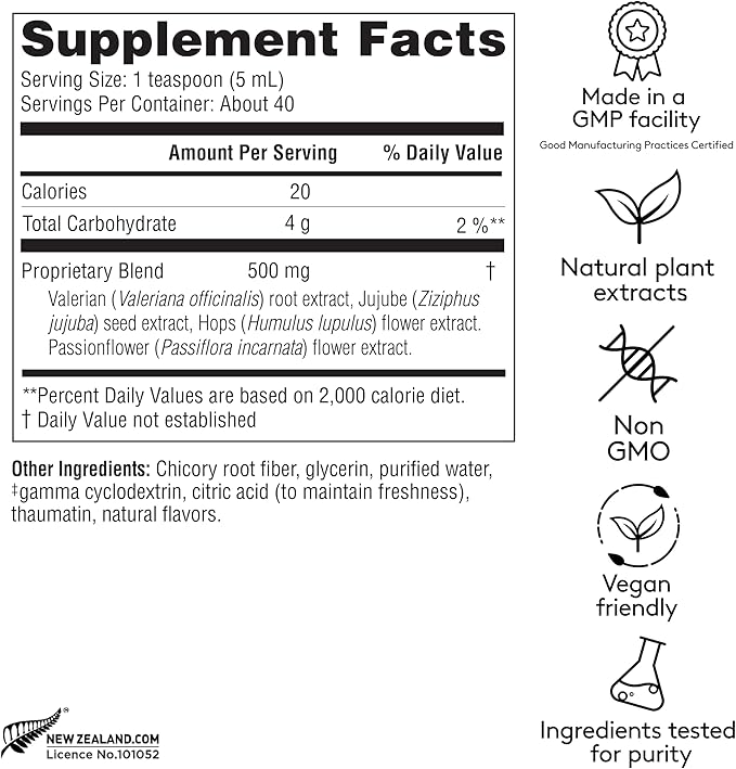 Calm & Sleep Syrup Supplement, Naturally Reduce Stress and Improve Sleep with Valerian Root, Hops Flower Extract, and Passionflower - 6.7oz