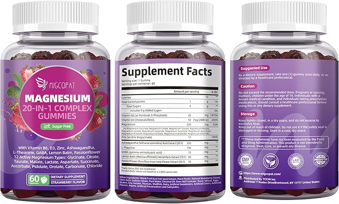 Migcopat Magnesium Complex Gummies, 20 in 1 Magnesium Gummy with Glycinate Citrate Malate Taurate - Ashwagandha, L-Theanine, D3&Zinc for Relaxation, Sleep, Muscle&Heart Support, Strawberry, 120 Cts