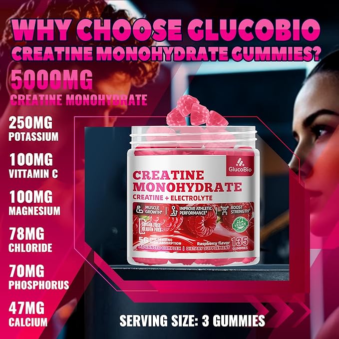 Creatine Monohydrate Gummies (5g) – Pre-Workout Energy & Muscle Growth Support for Men & Women | Raspberry Electrolyte Gummies (135 Count)