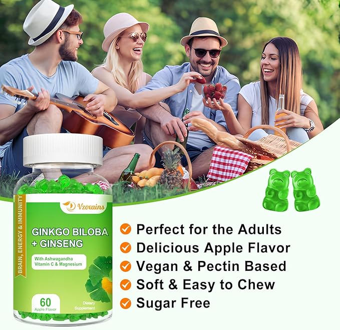 240MG Ginkgo Biloba Gummies with Ginseng and Magnesium, Ginko Biloba Supplements Gummies for Brain Focus, Mood and Memory for Adults, 60 Cts