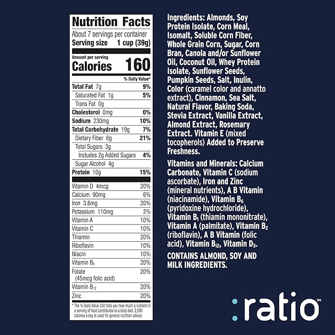 Ratio Trio Vanilla Almond Crunch Cereal, 10g Protein, Keto Friendly, 10.4 oz