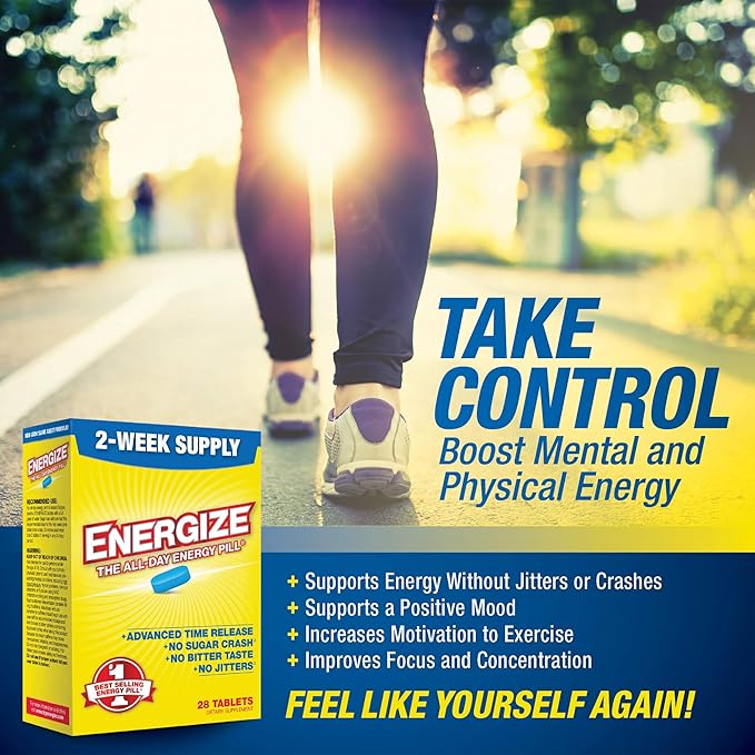 Energize Caffeine Pills - Fast Acting Energy Pill - Healthy Focus Brain Supplement - Improved Performance, Alertness, and Clarity - All Day Energy, No Jitters, No Crash - 28 Time Released Tablets