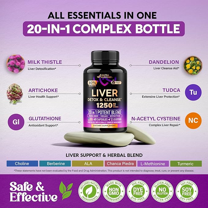 Liver Cleanse Detox & Repair - Milk Thistle | Dandelion | Artichoke | TUDCA | Glutathione & NAC - Effective Liver Health Supplement | 80% Silymarin - Laboratory Tested, Vegan - Made in USA 60 Capsules