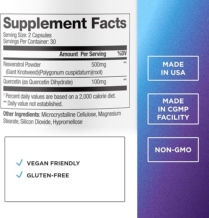 DR. EMIL NUTRITION Resveratrol Supplement - Healthy Aging Supplement with 500mg Resveratrol and 100mg Quercetin - Supports Normal Cellular & Cognitive Health, 60 Capsules
