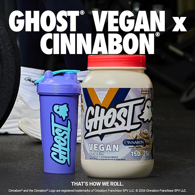 GHOST Vegan V2 Protein Powder, Cinnabon – 2.5LB Tub, 25G of Protein - Plant-Based Pea & Organic Pumpkin Blend Protein with Fiber & Iron ­- Flavored Post Workout Shakes - Soy & Gluten Free