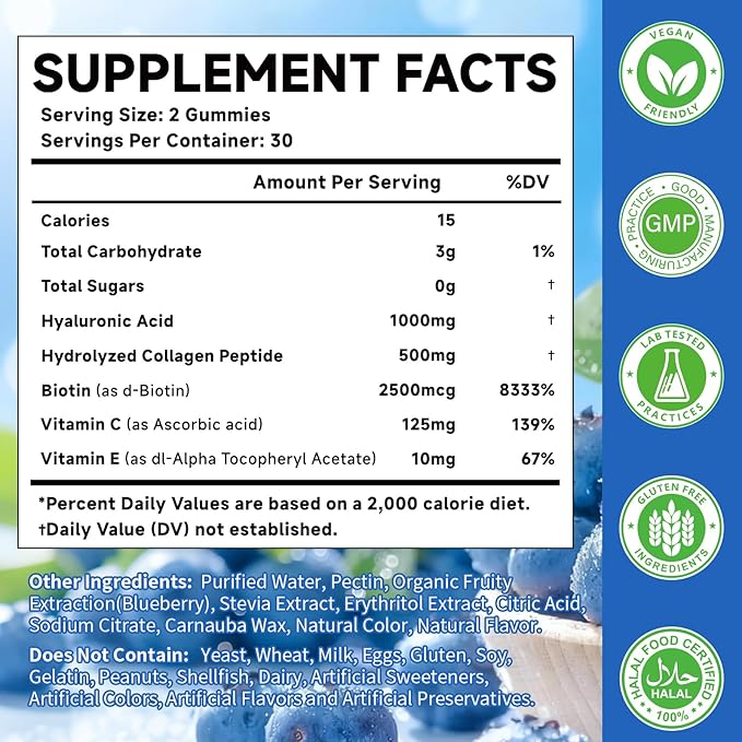 1000mg Hyaluronic Acid & Collagen Peptide Supplements with Biotin, Vitamins C & E - Hair Skin Nails Health Support for Men & Women, Blueberry Flavor, Gluten-Free 60 Gummies