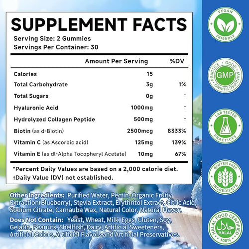 1000mg Hyaluronic Acid & Collagen Peptide Supplements with Biotin, Vitamins C & E - Hair Skin Nails Health Support for Men & Women, Blueberry Flavor, Gluten-Free 60 Gummies