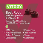 Viteey Beet Root Gummies with Magnesium & Vitamin C - Beetroot Supplement for Heart Health, Blood Pressure Support - Vegan, Gluten-Free - 120 Count