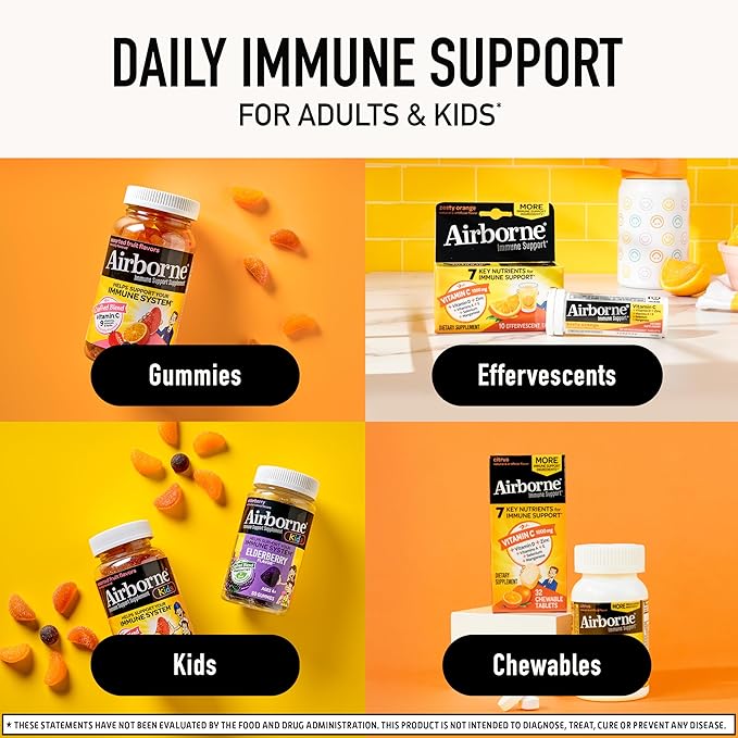 Airborne Immune Support Effervescent Tablets, Zesty Orange Flavor - 10ct with 1000mg Vitamin C + Vitamins A, D, E, Zinc, Selenium, Manganese & Herbal Blend - Sugar‑Free, Gluten‑Free