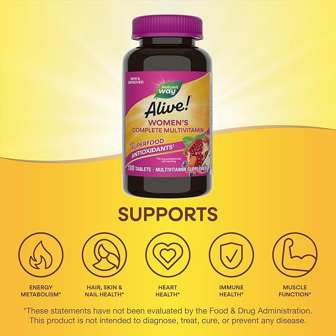 Nature's Way Alive! Daily Complete Multivitamin for Women, Supports Energy Metabolism, Hair, Skin & Nails*, B-Vitamins, Superfood Antioxidants, 130 Tablets (Packaging May Vary), (Pack of 2)
