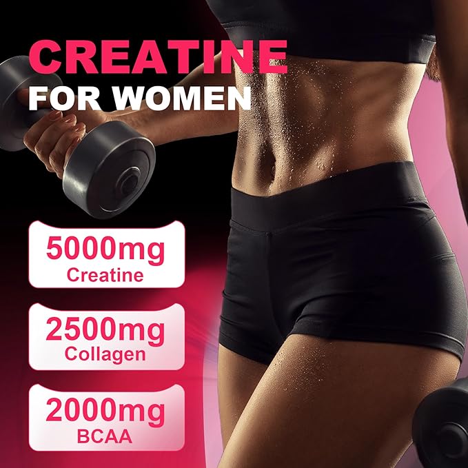 Creatine for Women, Creatine Monohydrate Gummies with Collagen, BCAA, L-Carnitine & Taurine, Strawberry Flavor, Energy Creatine Supplement for Muscle Strength, Energy Boost, Sugar Free, 120 Count