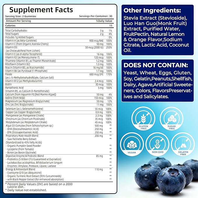 Mens Multivitamin Gummies for Men Daily - Zero Sugar Adult Gummy Vitamins with Saw Palmetto, Omega 3 DHA EPA, Probiotics 5B CFU, CoQ10, Turmeric Ginger for Prostate, Heart, Brain & Energy Support