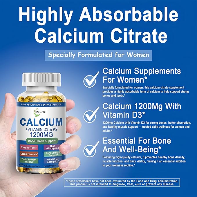 Calcium Supplements for Women - Calcium 1200 mg with Vitamin D3 & K2 - High Absorption Extra Strength Calcium Citrate for Bone Health, Strength, Density, Muscle, Heart Support - Slow Release, Non-GMO