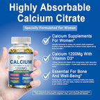 Calcium Supplements for Women - Calcium 1200 mg with Vitamin D3 & K2 - High Absorption Extra Strength Calcium Citrate for Bone Health, Strength, Density, Muscle, Heart Support - Slow Release, Non-GMO