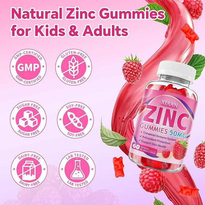 Zinc Picolinate Gummies 50mg for Kids & Adults, Chewable Zinc Supplements for Women & Men Supports Immune System & Cellular Health & Antioxidant, Vegan/Sugar-Free, Raspberry Flavor 60 Count