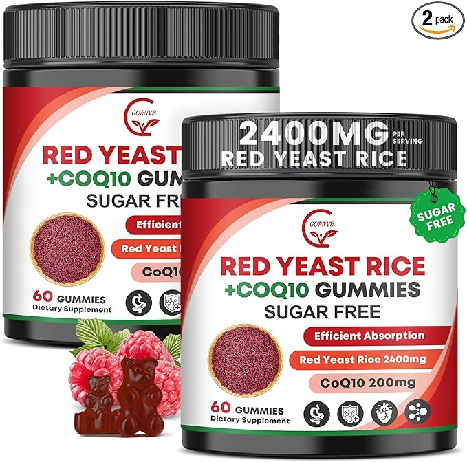 Red Yeast Rice with Coq10 Gummies, Red Yeast Rice 2400 mg with CoQ10 200 mg for Cholesterol Support, Heart Health Supplement, Sugar Free, Non-GMO, Vegan – 120 Counts