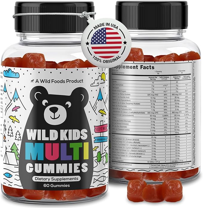Wild Foods Kids Multivitamin Gummies – Natural Skin, Immune & Bones Support with Kids Vitamins A, C, D, E, B12, Iron & DHA – Probiotics & multivitamin for Growth – 60 Flavored Gummies