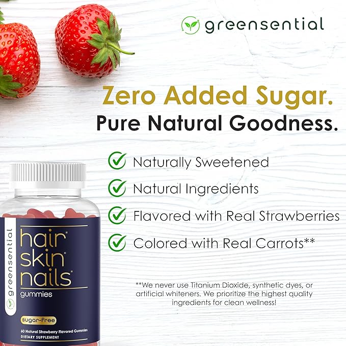 Sugar-Free Hair, Skin & Nails Gummies - Complete Vitamin Complex w/Natural Ingredients - Fuller Hair Support - No Artificial Colors, Natural Strawberry Flavor, Made in USA, 60 Ct