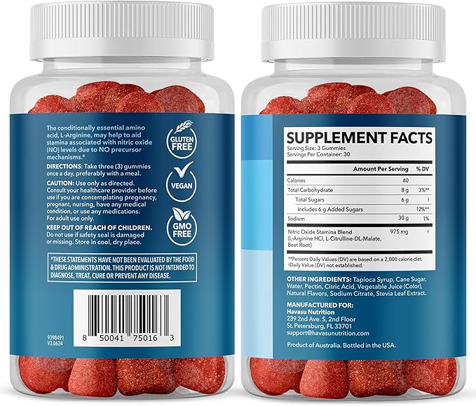 L-Arginine Gummies with L-Citrulline and Beet Root - Nitric Oxide Supplement - 90 Count - Energy, Endurance, and Recovery Support - Vegan, Non-GMO - Energizing Sour Berry Flavor, 30-Day Serving