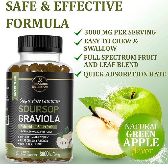 Soursop Leaves & Soursop Fruit Gummies - Sugar Free Soursop Graviola Gimmies - 3000mg Max Strenght Soursop Extract - Graviola Supplement - Soursop Fruit and Leaf - 60ct - Non-GMO – Vegan Friendly