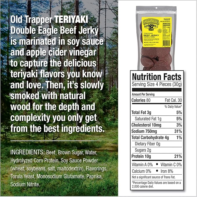 Old Trapper Double Eagle Beef Jerky, Teriyaki Flavor, 21 Ounce Package, Natural Wood Smoked Meat Snacks, 10 Grams of Protein and 80 Calories per Serving (Pack of One)